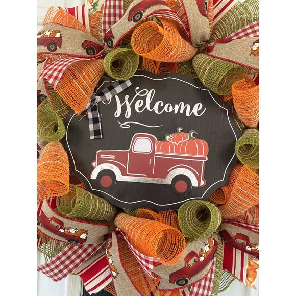 Welcome Red Truck Pumpkin Farmhouse Deco Mesh and Ribbon Fall Autumn Wreath - Picture 2 of 7